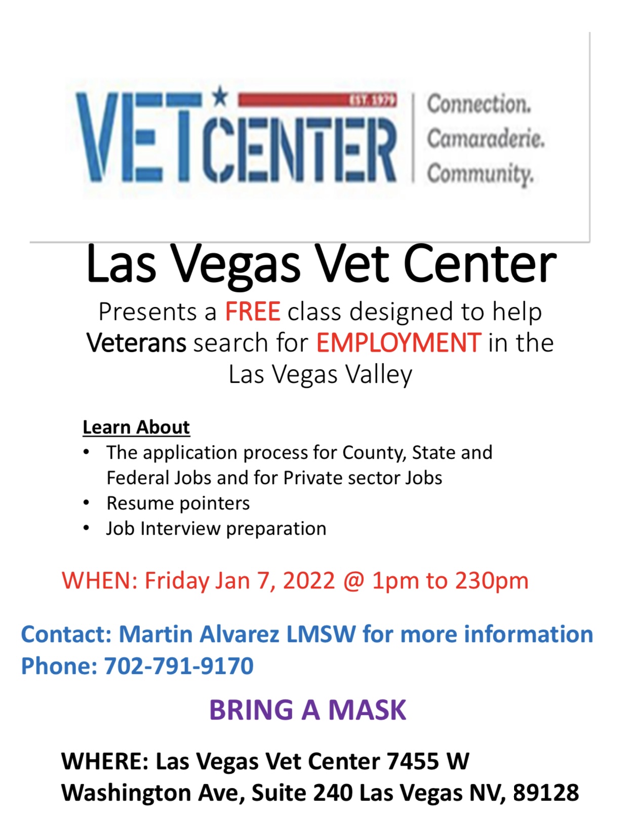 ****Event Cancelled**** Las Vegas Vet Center Presents a FREE class designed to help Veterans search for EMPLOYMENT