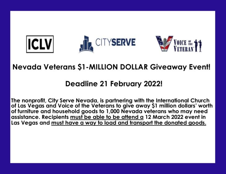 Nevada Veterans $1-MILLION DOLLAR Giveaway Event! Deadline 21 February 2022!