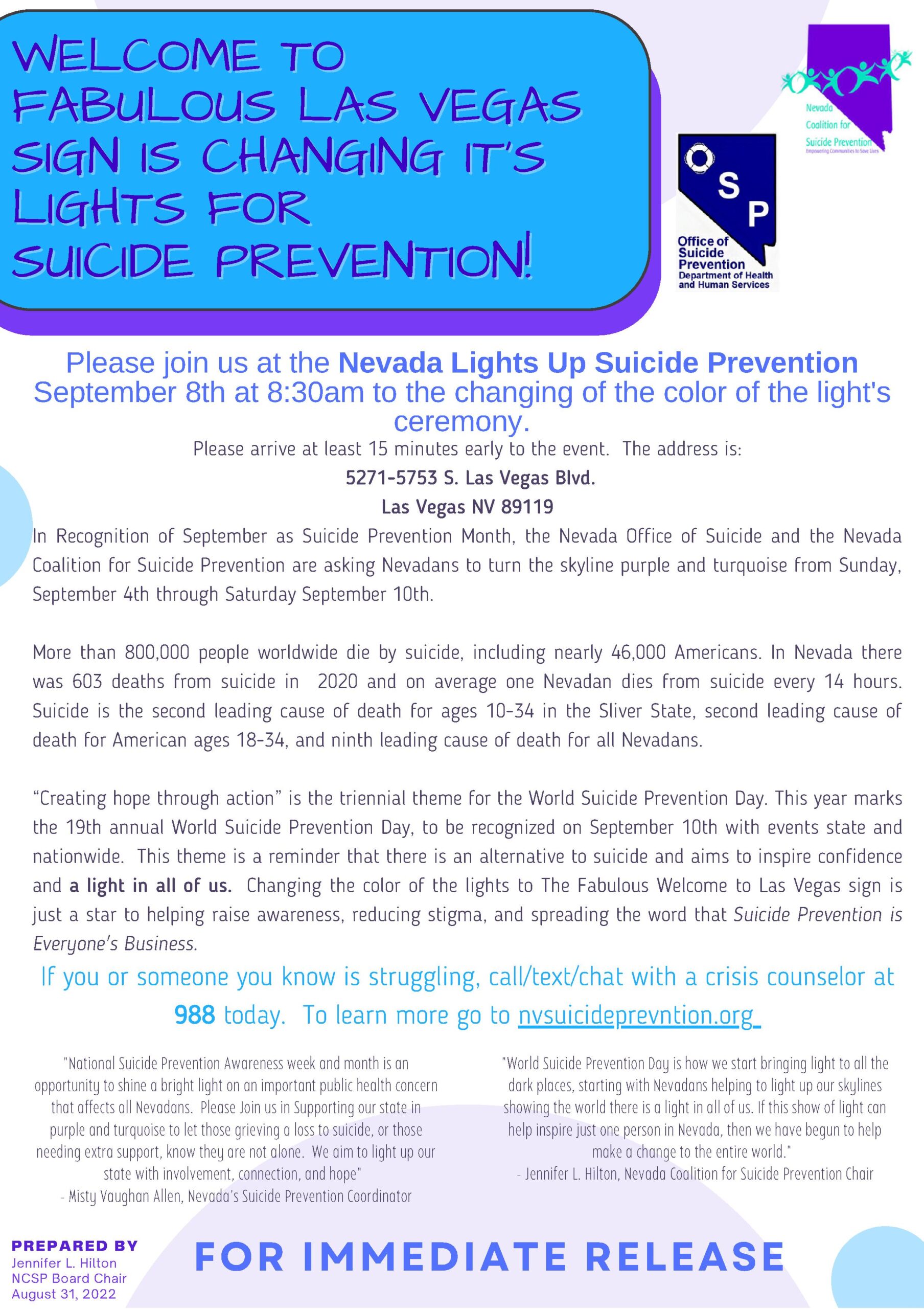 Nevada Lights Up Suicide Prevention  September 8th