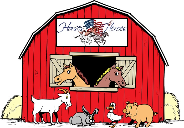 Horses 4 Heroes graphic, red cartoon barn with horses and farm animals