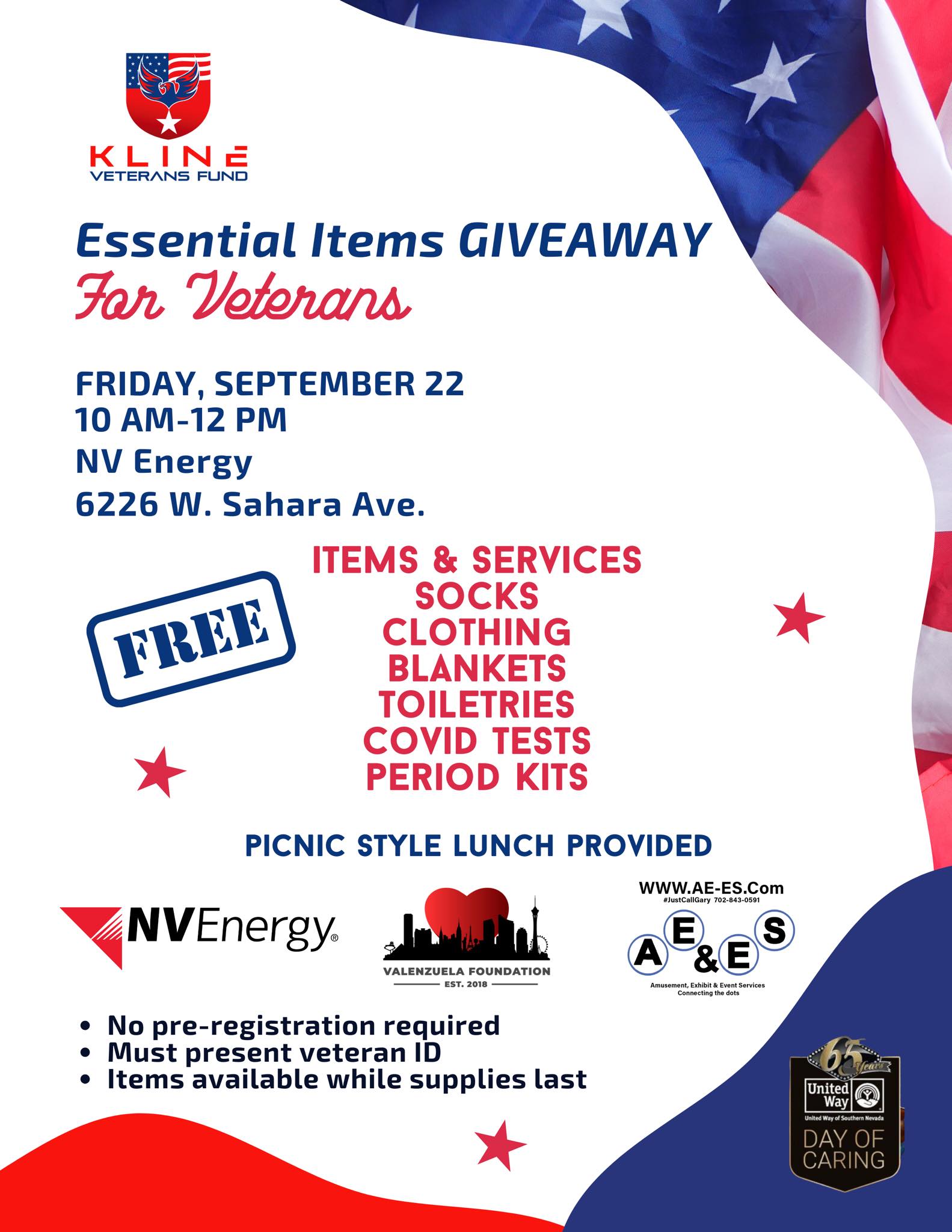 Kline Veterans Fund Essential Items Giveaway for Veterans flyer