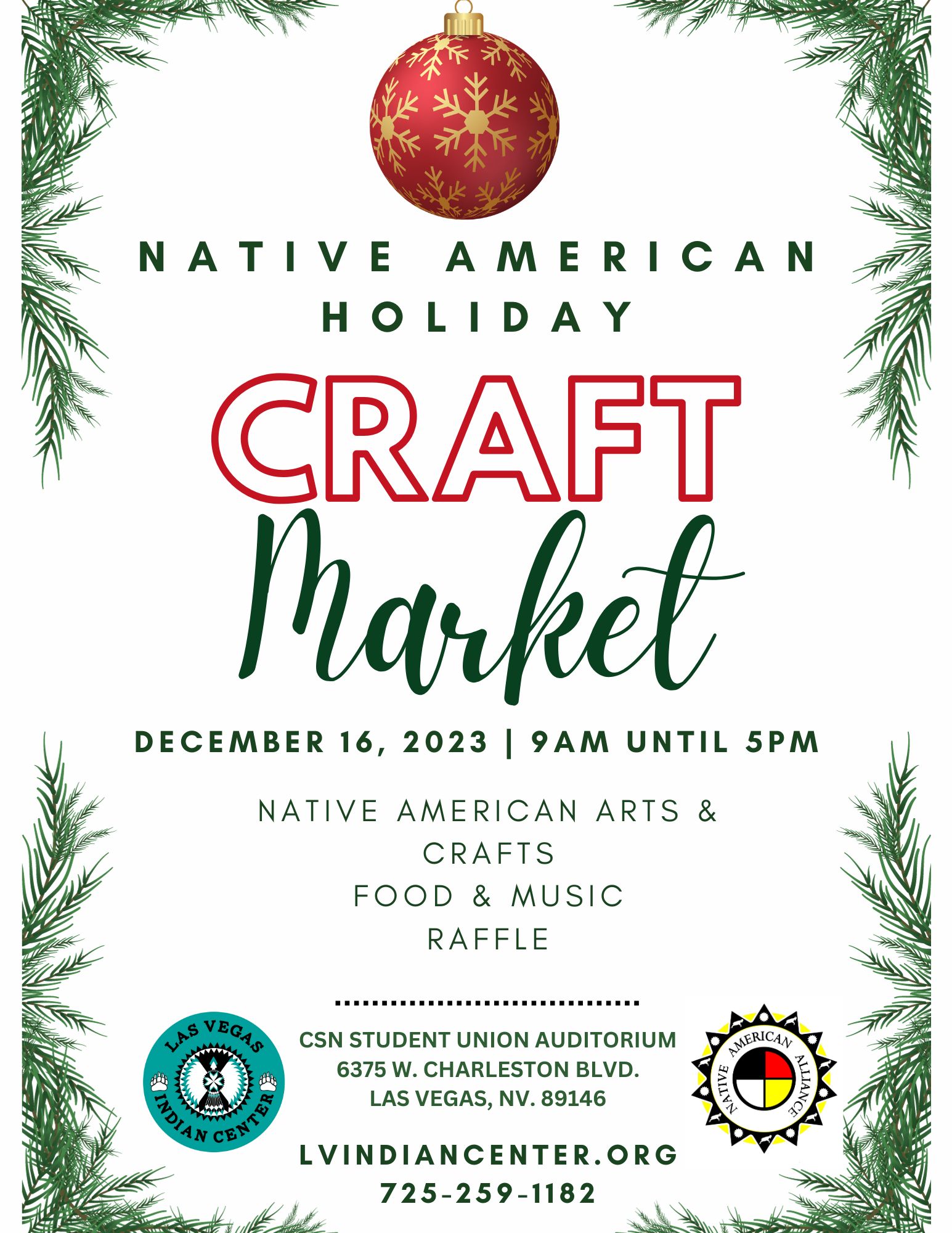 Native American Holiday Craft Market event flyer for December 16, 2023